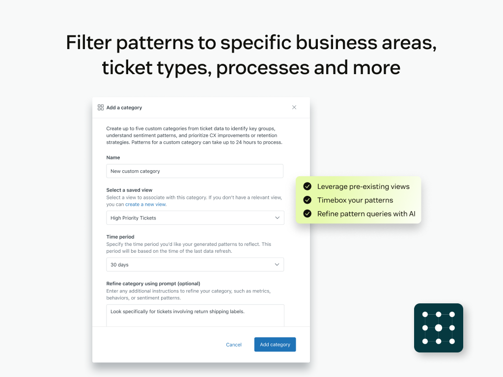 VOC Patterns dashboard view — Reporting and Analytics app on the Zendesk Marketplace